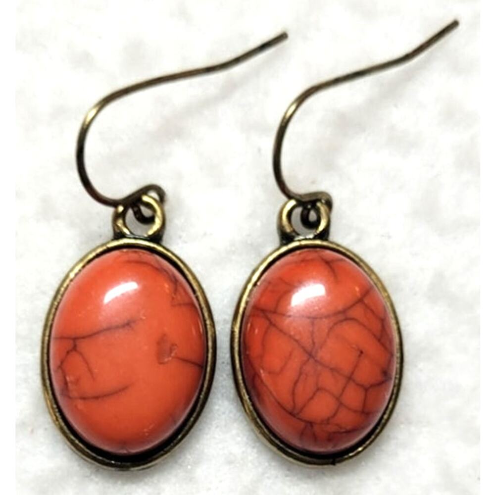 Natural Stone Agate Red Orange Oval Silvertone Earrings Western Boho Rustic